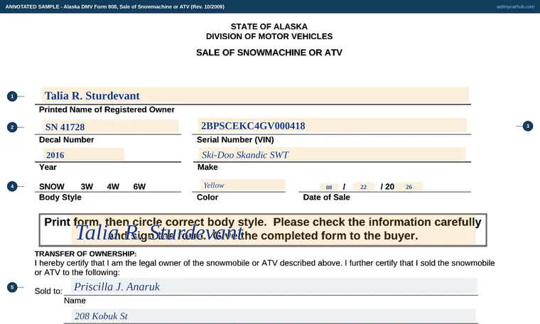 Top of our filled-in example of Alaska Form 808, Sale of Snowmachine or ATV