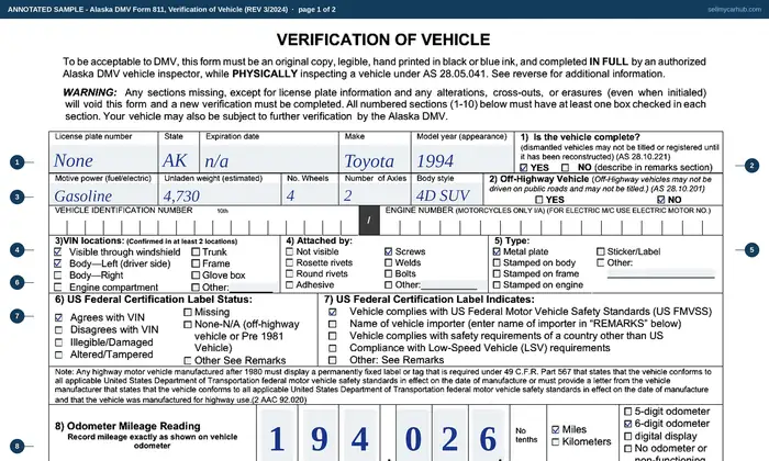 Top of page 1 of our filled-in example of Alaska Form 811, Verification of Vehicle