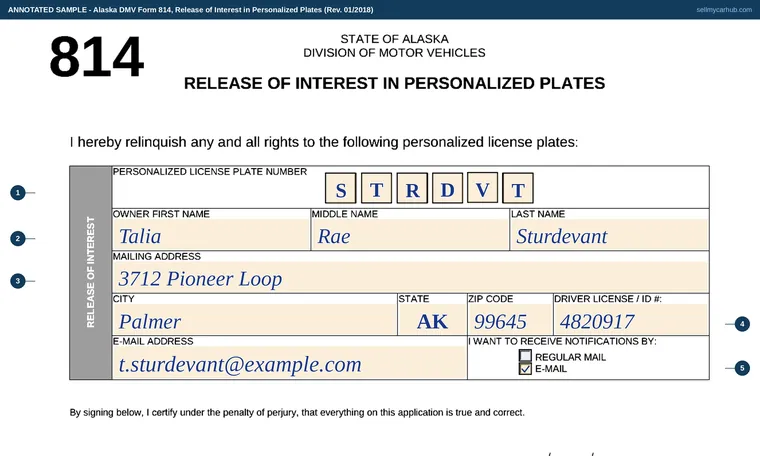 Top of our filled-in example of Alaska Form 814, Release of Interest in Personalized Plates