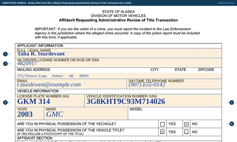 Top of our filled-in example of Alaska Form 821, Affidavit Requesting Administrative Review of Title Transaction