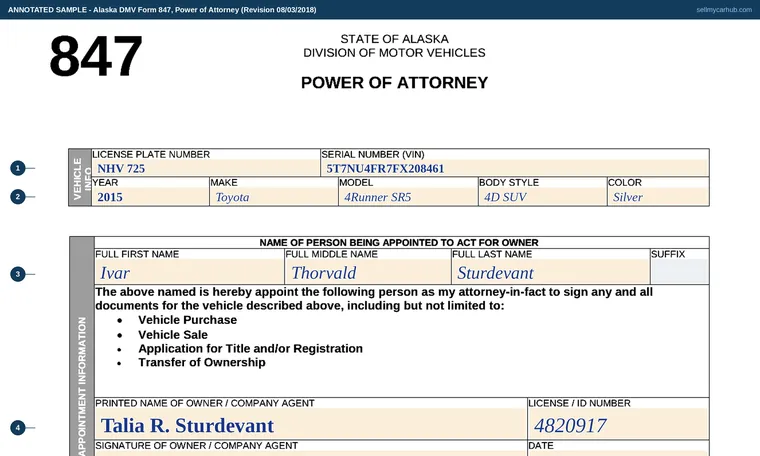Top of our filled-in example of Alaska Form 847, Power of Attorney