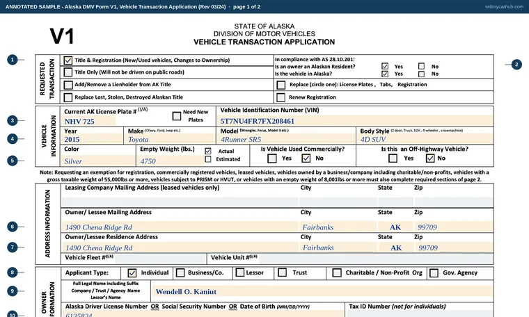 Top of page 1 of our filled-in example of Alaska Form V1, Vehicle Transaction Application