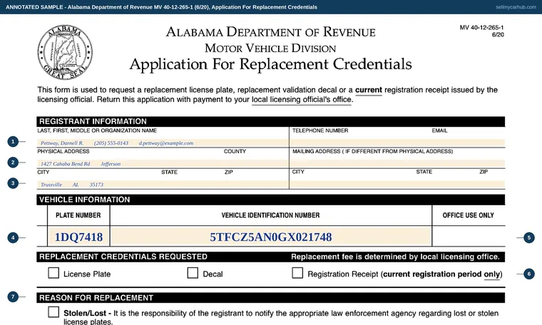 Top of our filled-in example of Alabama MV 40-12-265-1, Application for Replacement Credentials
