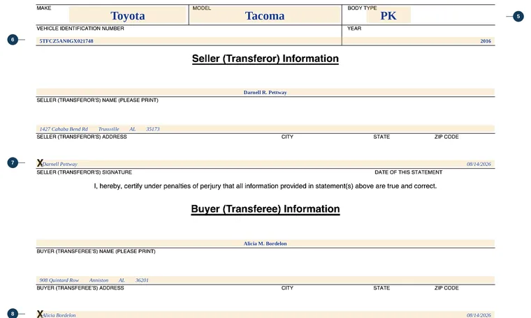 Part of our filled-in example of Alabama MVT 5-5, Odometer Disclosure Statement, showing the filled-in entries