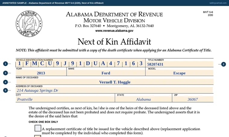 Top of our filled-in example of Alabama MVT 5-6, Next of Kin Affidavit