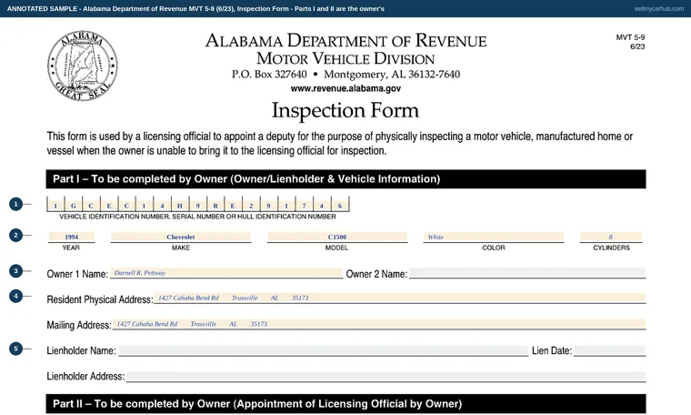 Top of our filled-in example of Alabama MVT 5-9, Inspection Form
