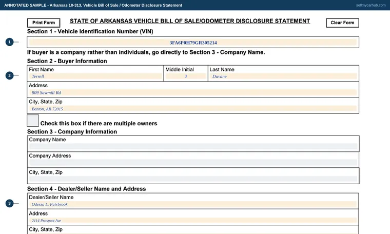 Top of our filled-in example of Arkansas 10-313, Vehicle Bill of Sale / Odometer Disclosure Statement