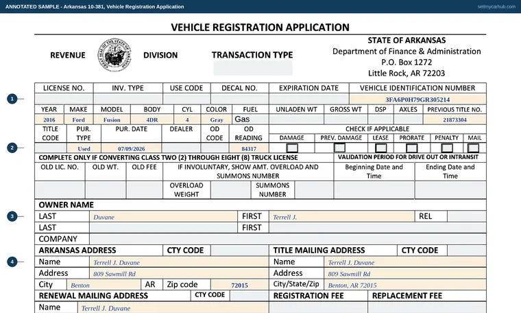 Top of our filled-in example of Arkansas 10-381, Vehicle Registration Application (Application for Title or Replacement Title)