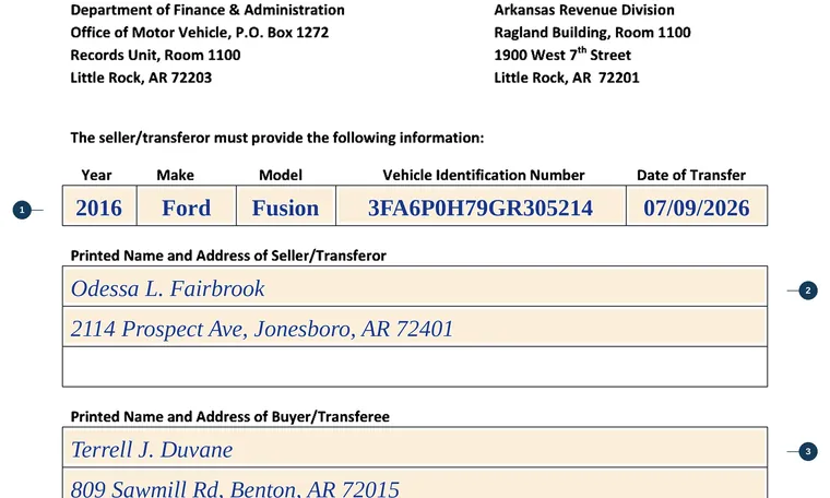 Part of our filled-in example of Arkansas Notice of transfer, Notice of Transfer of Ownership of a Motor Vehicle, showing the filled-in entries