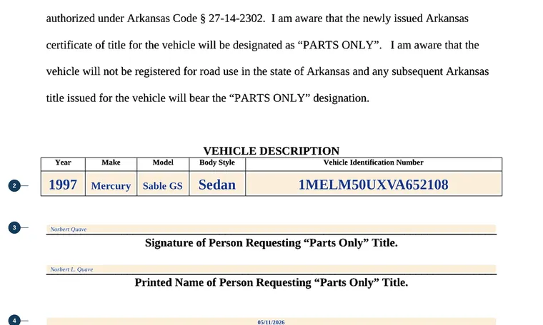 Part of our filled-in example of Arkansas Parts-only request, Request for Parts Only Title for a Vehicle, showing the filled-in entries