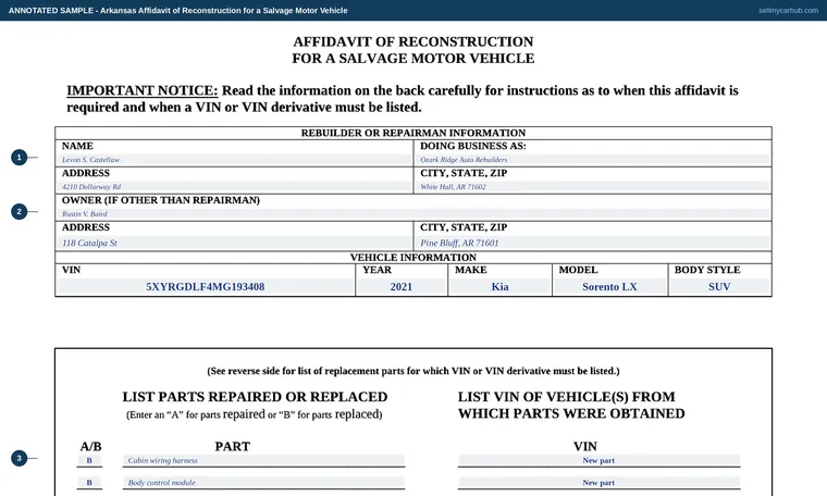 Top of our filled-in example of Arkansas Reconstruction affidavit, Affidavit of Reconstruction for a Salvage Motor Vehicle
