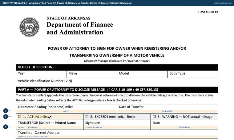 Top of our filled-in example of Arkansas TIMA 2, Power of Attorney to Sign for Owner When Registering and/or Transferring Ownership of a Motor Vehicle