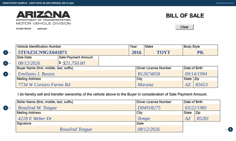 Top of our filled-in example of Arizona 48-2004, Bill of Sale
