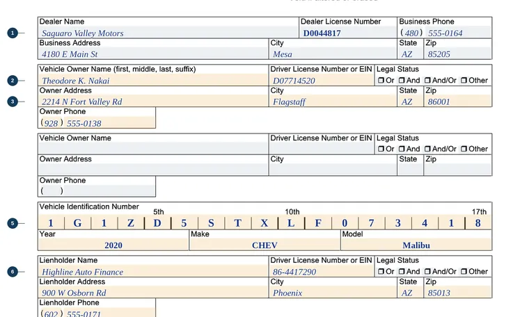 Part of our filled-in example of Arizona 48-3200, Dealer Acquisition Contract, showing the filled-in entries