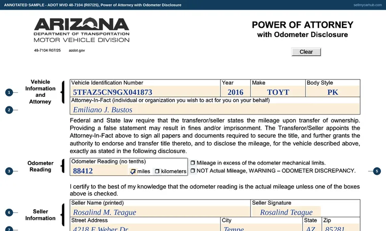 Top of our filled-in example of Arizona 48-7104, Power of Attorney with Odometer Disclosure