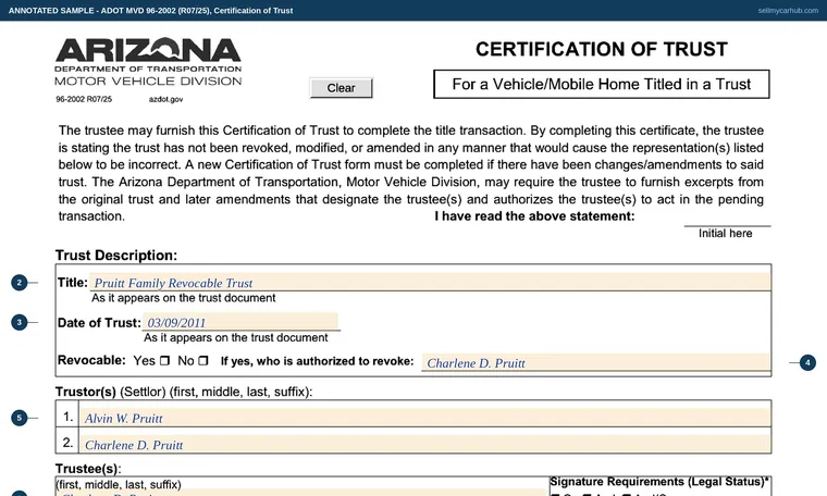 Top of our filled-in example of Arizona 96-2002, Certification of Trust