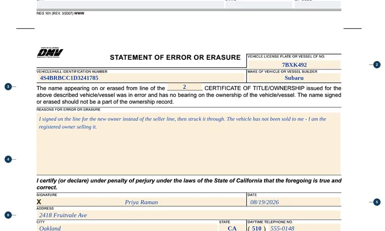 Part of our filled-in example of California REG 101, Statement to Record Ownership / Statement of Error or Erasure, showing the filled-in entries