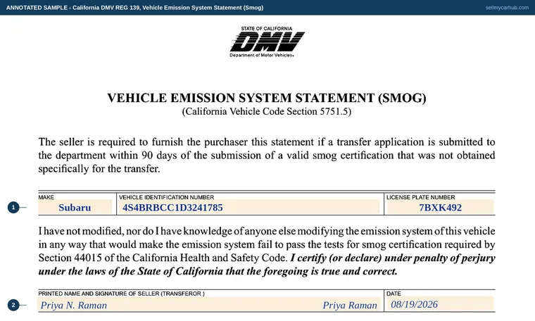 Top of our filled-in example of California REG 139, Vehicle Emission System Statement (Smog)