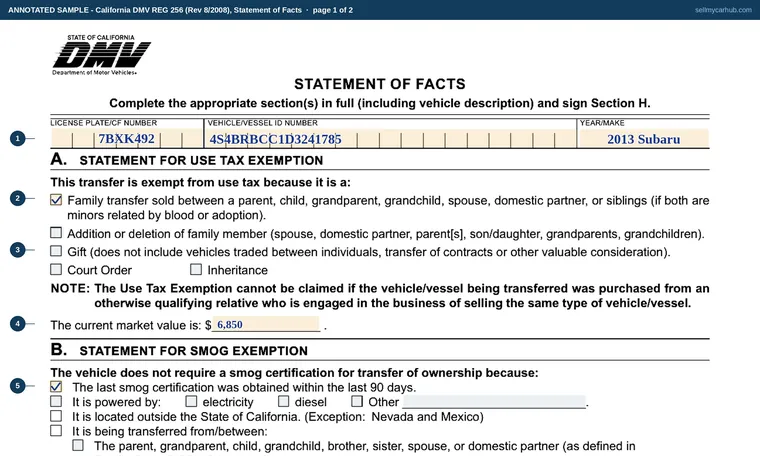 Top of page 1 of our filled-in example of California REG 256, Statement of Facts