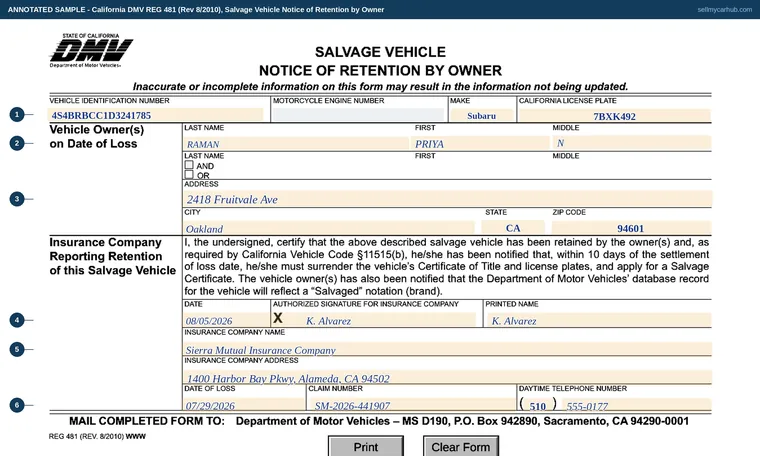 Top of our filled-in example of California REG 481, Salvage Vehicle Notice of Retention by Owner
