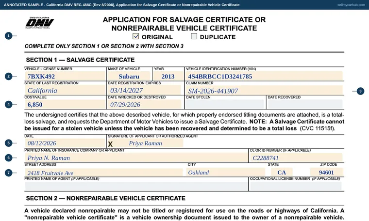 Top of our filled-in example of California REG 488C, Application for Salvage Certificate or Nonrepairable Vehicle Certificate