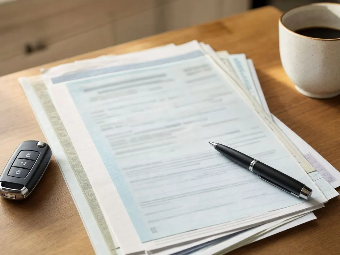 Vehicle title paperwork with a pen and car key on a kitchen table