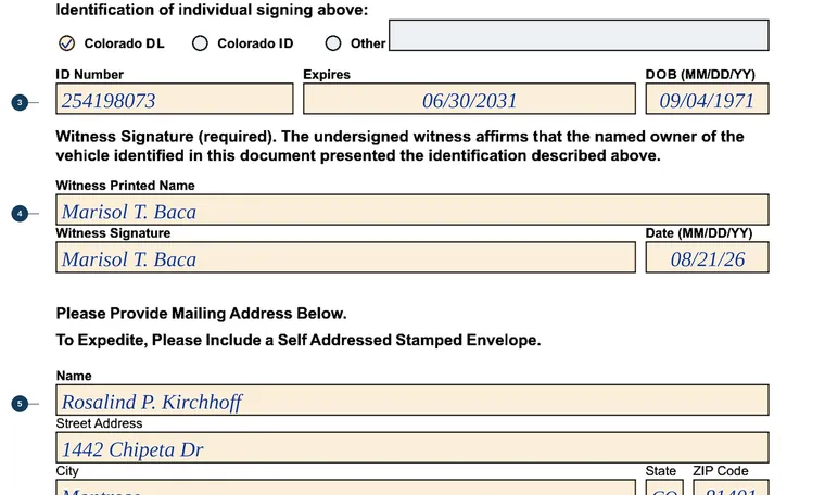 Part of page 1 of our filled-in example of Colorado DR 2539A, Duplicate Title/Lien Request and Receipt, showing the filled-in entries