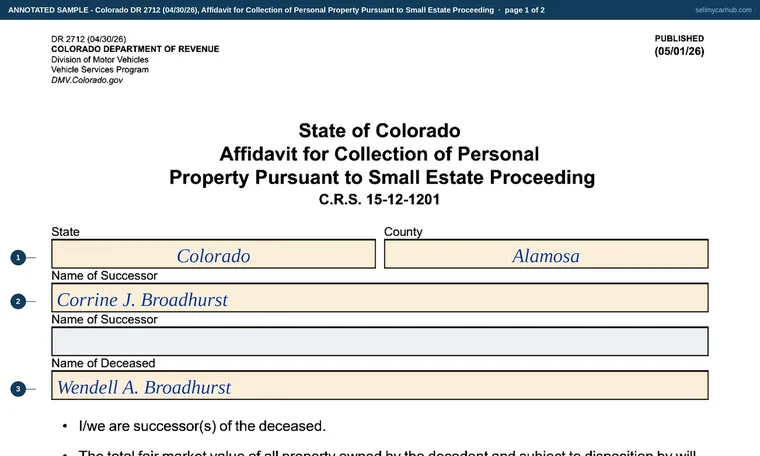 Top of page 1 of our filled-in example of Colorado DR 2712, Affidavit for Collection of Personal Property Pursuant to Small Estate Proceeding