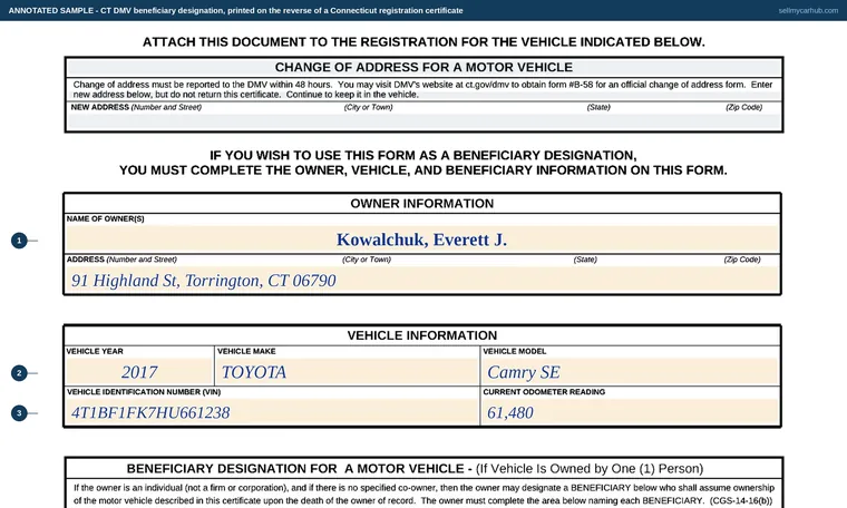 Top of our filled-in example of Connecticut Beneficiary designation, Beneficiary designation on a Connecticut registration certificate