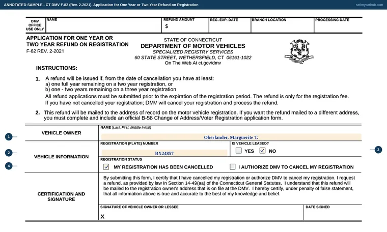 Top of our filled-in example of Connecticut F-82, Application for One Year or Two Year Refund on Registration