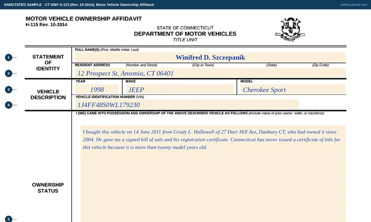 Top of our filled-in example of Connecticut H-115, Motor Vehicle Ownership Affidavit