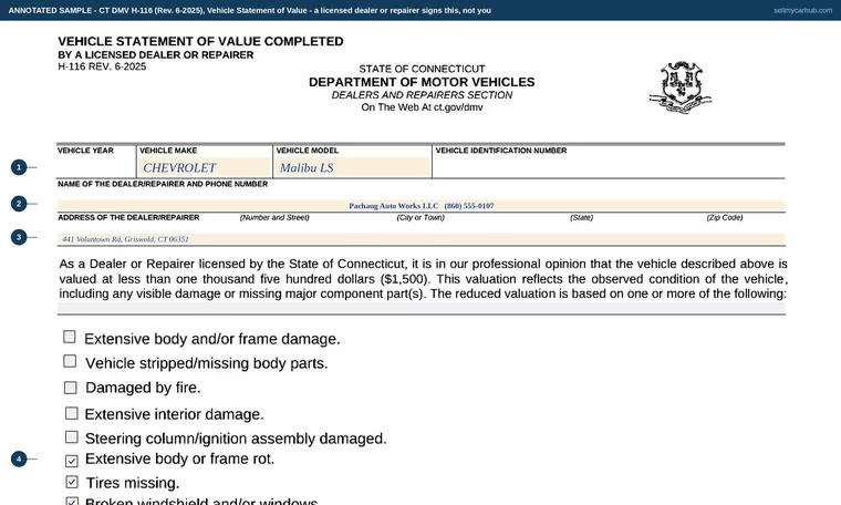 Top of our filled-in example of Connecticut H-116, Vehicle Statement of Value Completed by a Licensed Dealer or Repairer
