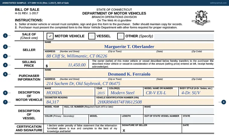 Top of our filled-in example of Connecticut H-31, Bill of Sale