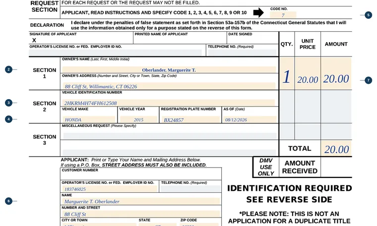 Part of our filled-in example of Connecticut J-23T, Copy Records - Title Records Request, showing the filled-in entries
