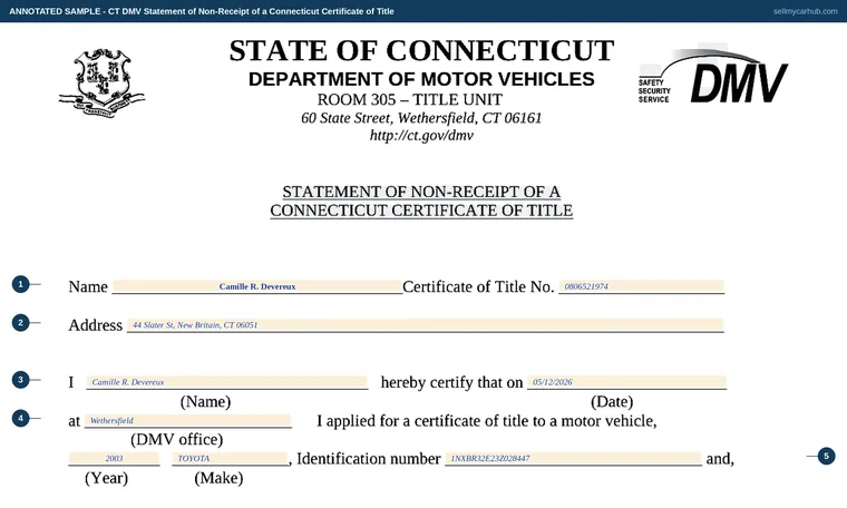 Top of our filled-in example of Connecticut Statement of Non-Receipt, Statement of Non-Receipt of a Connecticut Certificate of Title