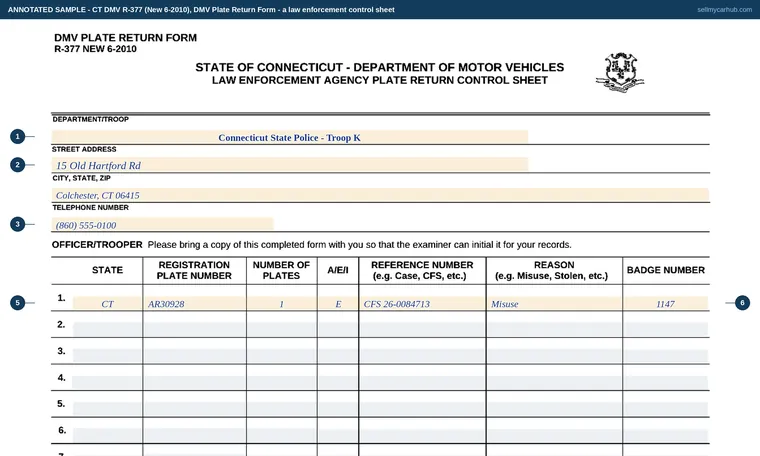 Top of our filled-in example of Connecticut R-377, DMV Plate Return Form