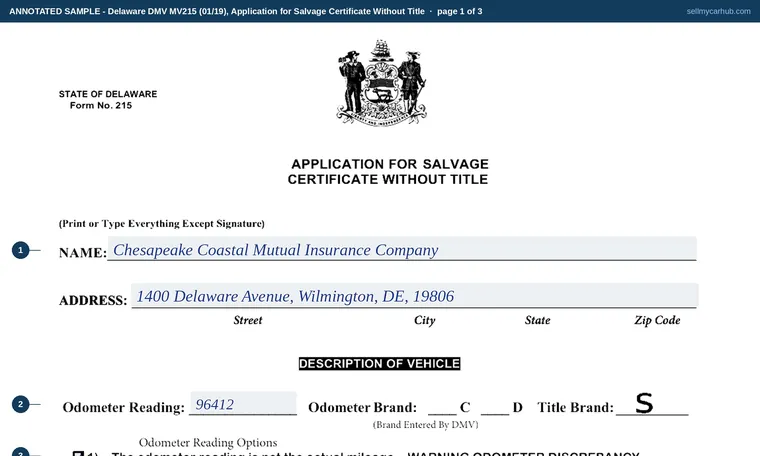 Top of page 1 of our filled-in example of Delaware MV215, Application for Salvage Certificate Without Title