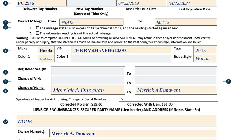 Part of our filled-in example of Delaware MV216, Multipurpose Form: Corrected Title, Defaced Title, VIN Correction, showing the filled-in entries