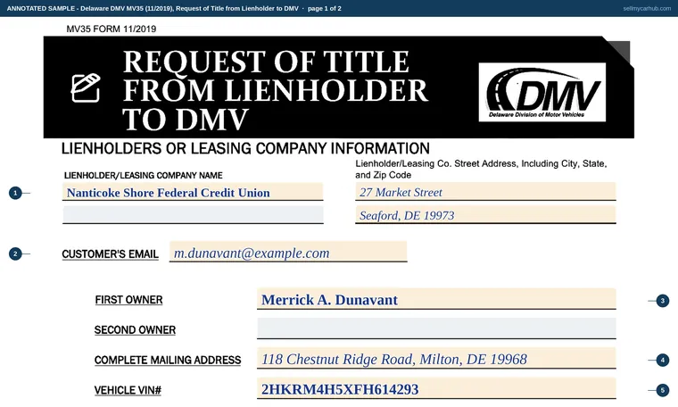 Top of our filled-in example of Delaware MV35, Request of Title from Lienholder to DMV