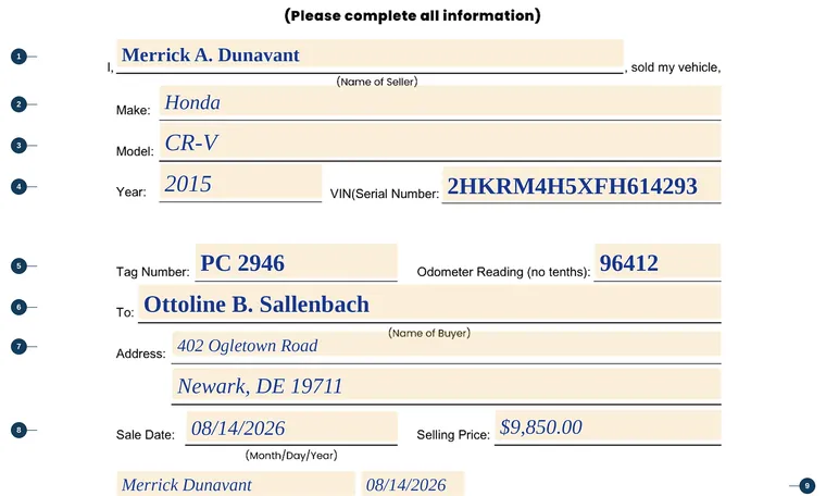 Part of our filled-in example of Delaware Report of Sale, Vehicle Transfer Notification with Buyer Information, showing the filled-in entries