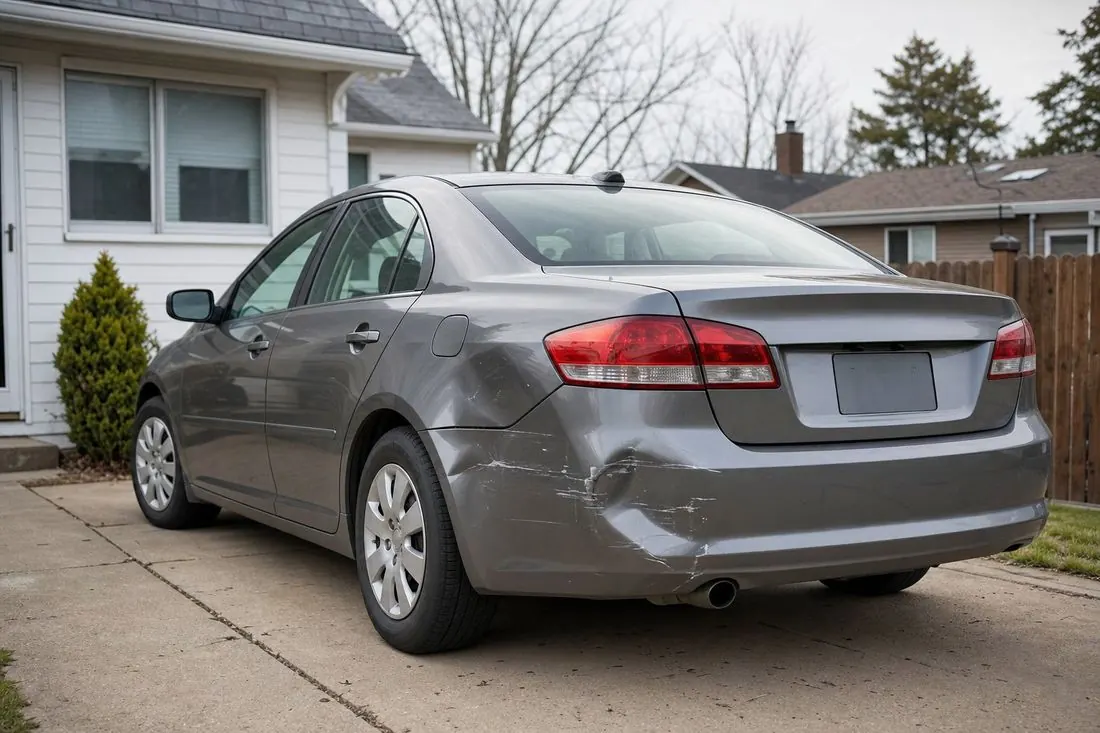 Gray sedan with a dented rear bumper parked in a driveway - still gets a cash offer