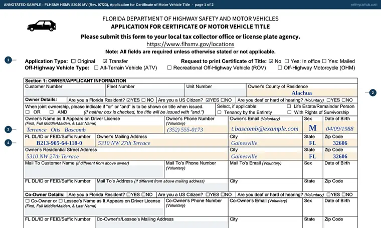 Top of page 1 of our filled-in example of Florida HSMV 82040, Application for Certificate of Motor Vehicle Title