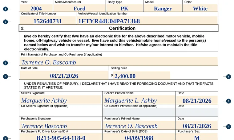 Part of our filled-in example of Florida HSMV 82092, Reassignment Document for an Electronic Certificate of Title, showing the filled-in entries