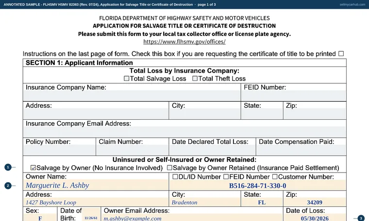 Top of page 1 of our filled-in example of Florida HSMV 82363, Application for Salvage Title or Certificate of Destruction