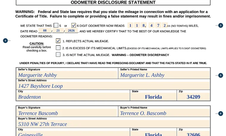 Part of our filled-in example of Florida HSMV 82993, Separate Odometer Disclosure Statement and Acknowledgment, showing the filled-in entries
