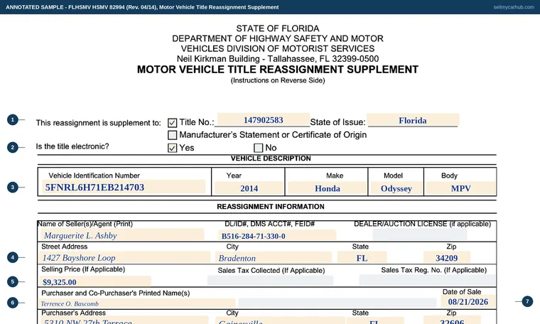 Top of our filled-in example of Florida HSMV 82994, Motor Vehicle Title Reassignment Supplement
