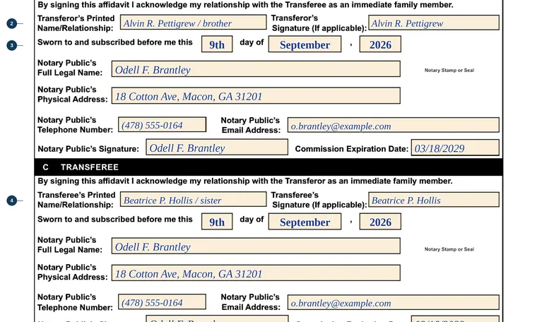 Part of our filled-in example of Georgia MV-16, Affidavit to Certify Immediate Family Relationship, showing the filled-in entries