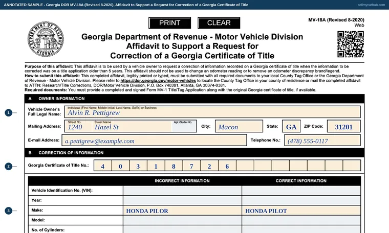 Top of our filled-in example of Georgia MV-18A, Affidavit to Support a Request for Correction of a Georgia Certificate of Title