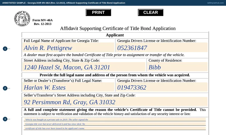 Top of our filled-in example of Georgia MV-46A, Affidavit Supporting Certificate of Title Bond Application