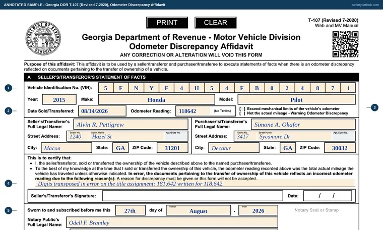 Top of our filled-in example of Georgia T-107, Odometer Discrepancy Affidavit